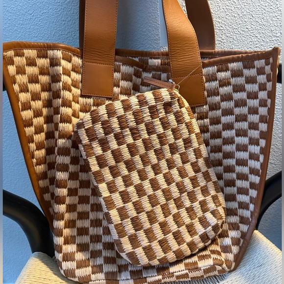 By Anthropologie Raffia Checkered Angular Tote Bag NWT - Picture 10 of 12